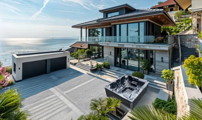 Outdoor Hot Tub Installation in Residential Setting Modern 5-person outdoor hot tub with ergonomic seating and integrated jets installed on a wooden deck