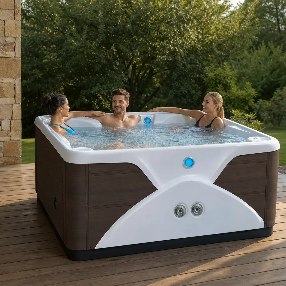Ergonomic lounge seating with massage jets Close-up, underwater shot showing a person in a blue swimsuit sitting in the lounge seat. The white acrylic surface is smooth and glossy, with bubbles rising from the massage jets.