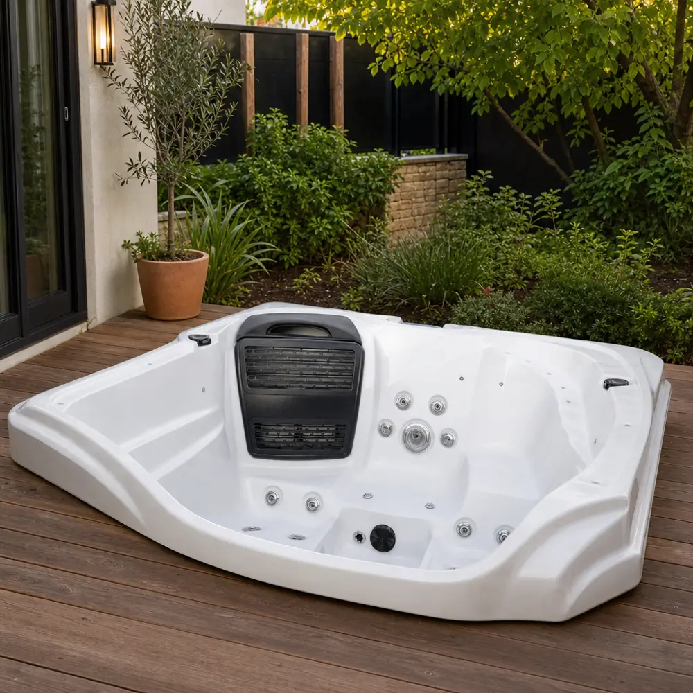 Ergonomic Headrest and Jet Positioning Close-up interior view showing the ergonomic headrest pillow and surrounding jet configuration in the lounge area of an outdoor whirlpool tub