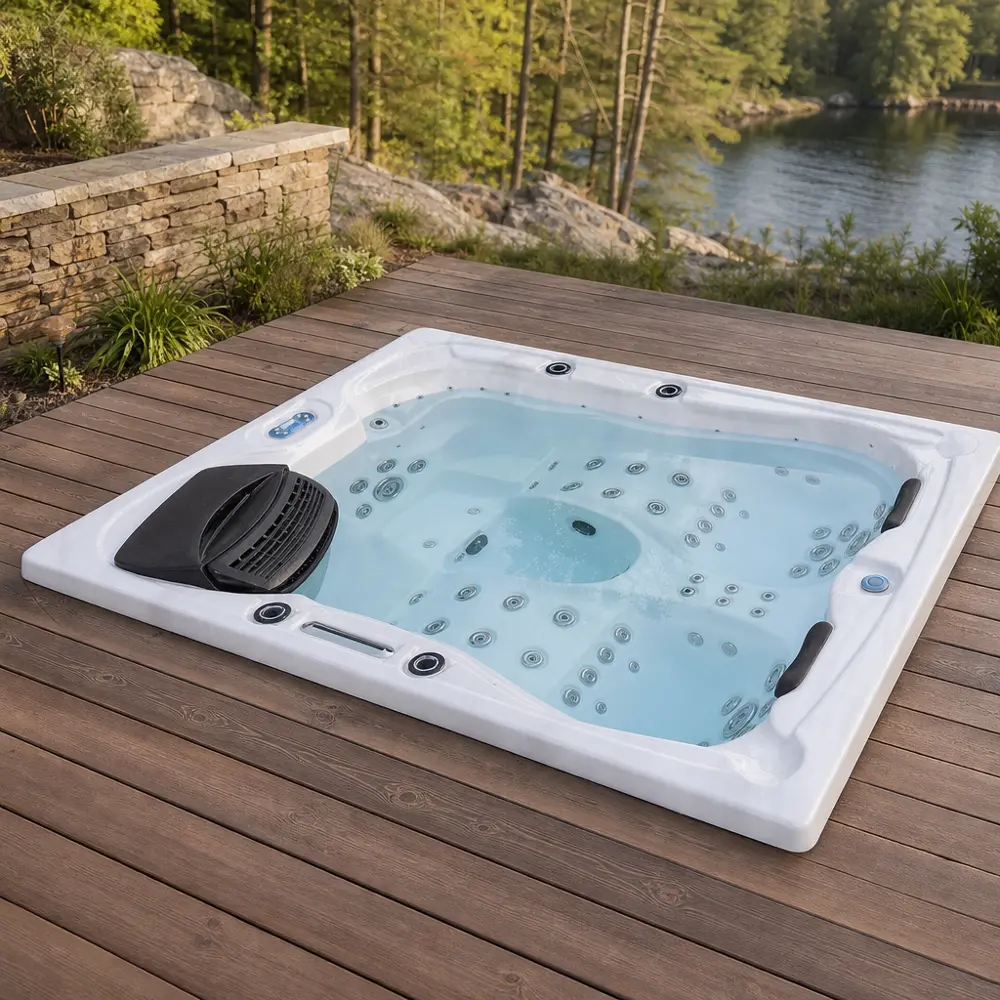 Seating Layout and Jet Distribution Top-down aerial view of a 3-person outdoor whirlpool tub showing two lounge seats and one upright seat with visible jet distribution pattern