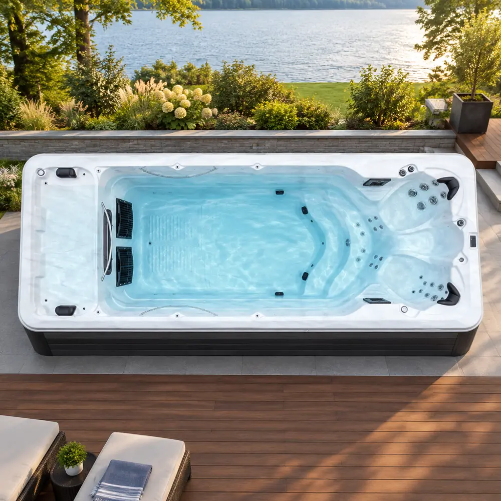 Outdoor Hydrotherapy Swim Spa ZR7809 Panoramic Layout Top-down panoramic view of the Outdoor Hydrotherapy Swim Spa ZR7809 showing the rectangular swim lane and three-seat hydrotherapy end